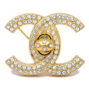 Chanel CC Turnlock Rhinestone Charm Brooch Pin Gold 97P 112344